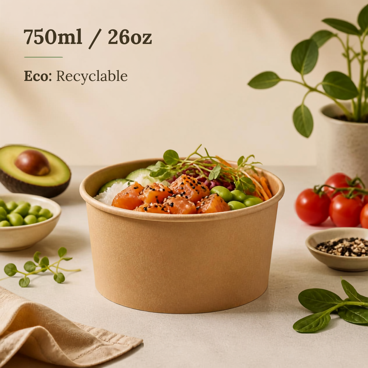 750ml Kraft Paper Round Bowl - 50PCS